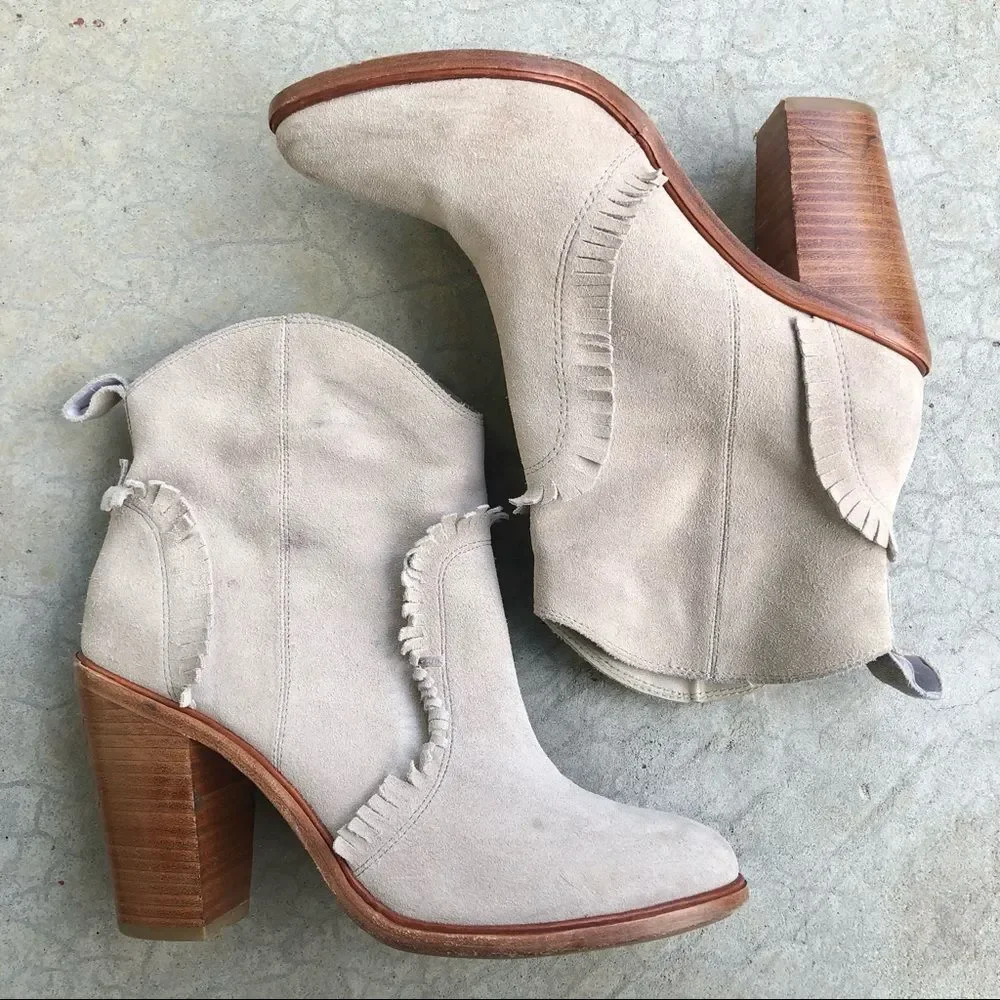 Joie Mathilde suede western ankle boots booties fringe gray off white 9.5
